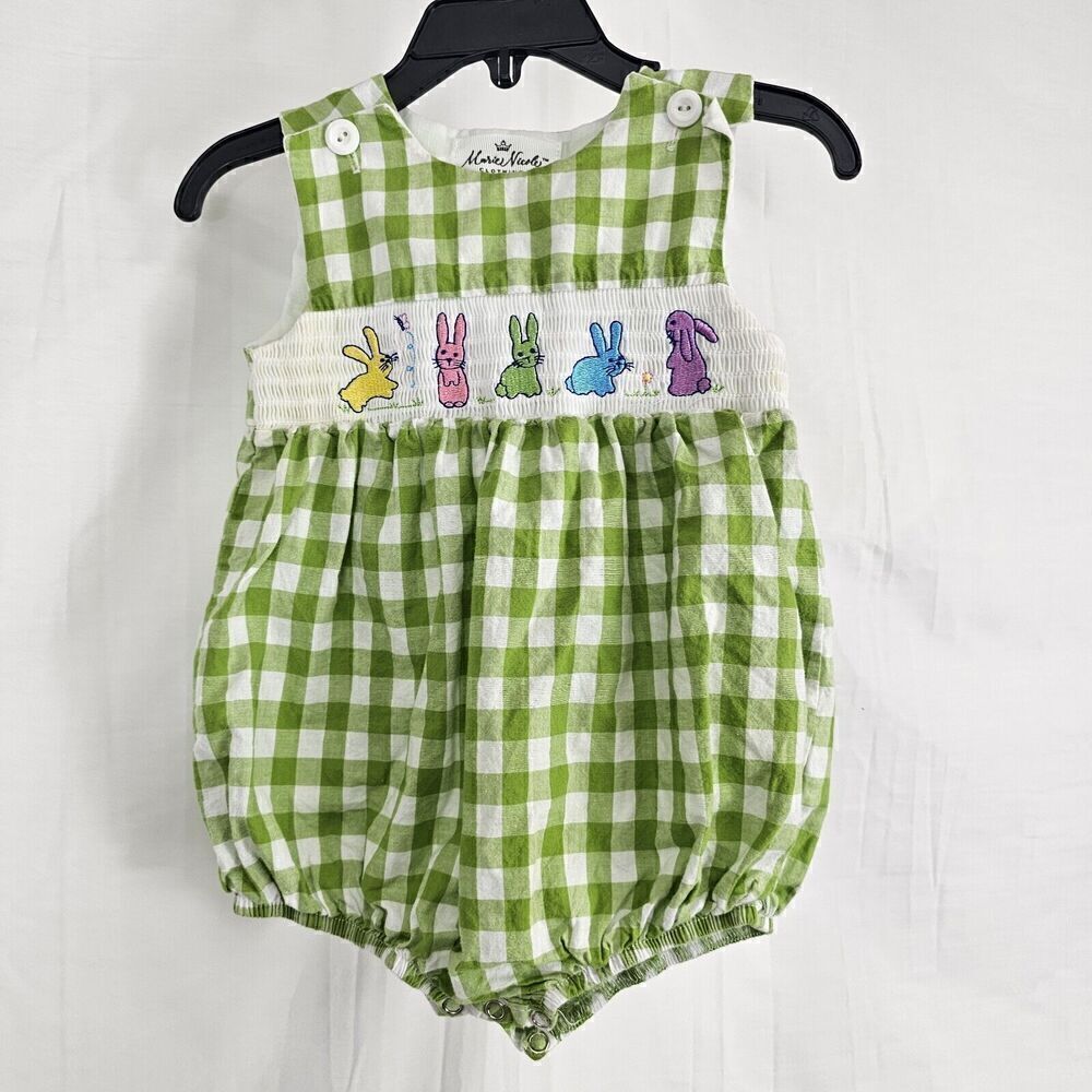 Marie Nicole Green White Gingham Easter Bunny Rabbit Smocked Bubble 6/12M